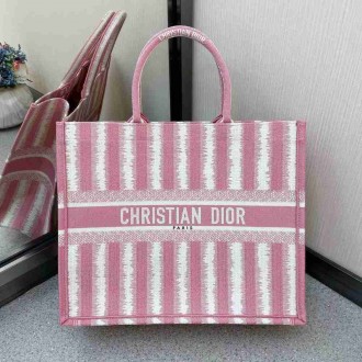 Dior Large Book Tote Bag In Pink Stripes Embroidery