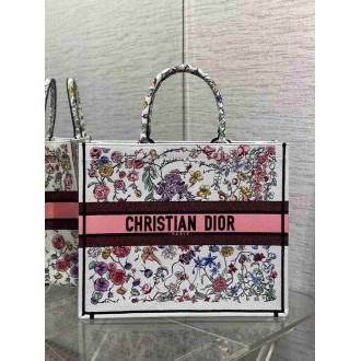 Dior Large Book Tote Bag In White Multicolor Florilegio Embroidery