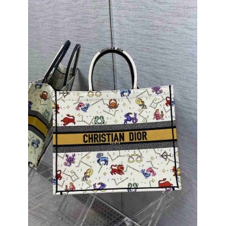 Dior Large Book Tote Bag In White Pixel Zodiac Embroidery
