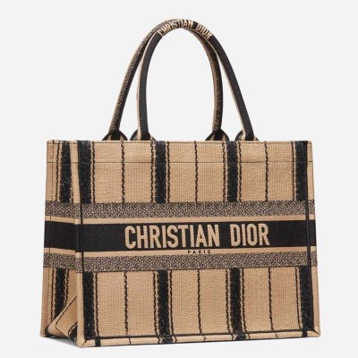 Dior Medium Book Tote Bag In Black and Beige Bayadere Embroidered