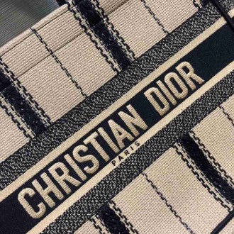 Dior Medium Book Tote Bag In Black and Beige Bayadere Embroidered