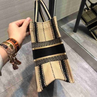 Dior Medium Book Tote Bag In Black and Beige Bayadere Embroidered