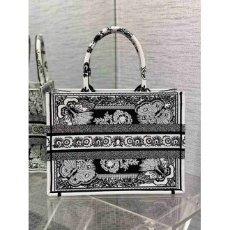 Dior Medium Book Tote Bag in Black and White Butterfly Bandana Embroidery