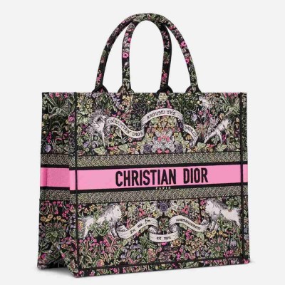 Dior Medium Book Tote Bag in Black Dior Around the World Embroidery