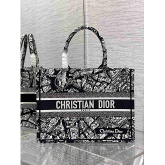 Dior Medium Book Tote Bag In Black Plan de Paris Embroidery