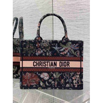 Dior Medium Book Tote Bag in Black Raffia with Dior Cabinet de Curiosites
