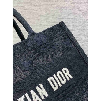 Dior Medium Book Tote Bag in Black Toile de Jouy Soleil Macrame Embroidery