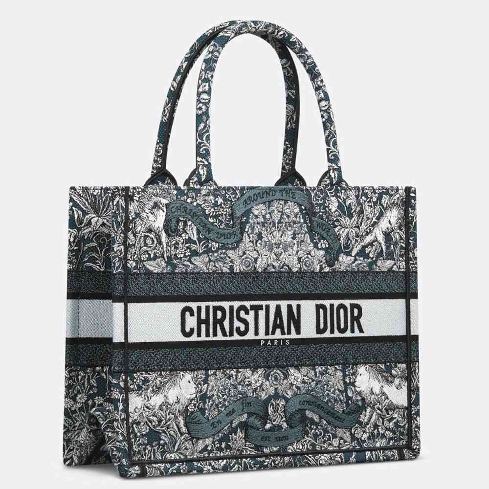 Dior Medium Book Tote Bag in Blue Dior Around the World Embroidery