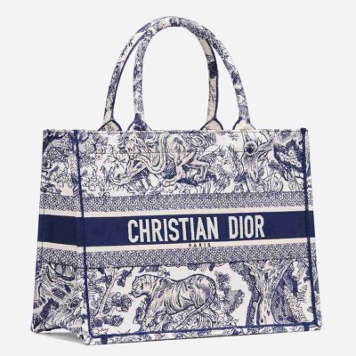 Dior Medium Book Tote Bag In Blue Toile De Jouy Embroidery