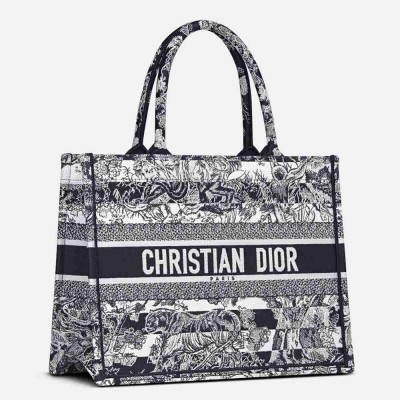 Dior Medium Book Tote Bag In Blue Toile de Jouy Stripes Embroidery