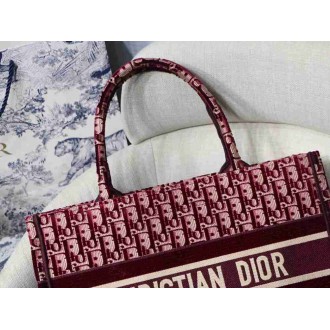 Dior Medium Book Tote Bag In Bordeaux Velvet Oblique Embroidered