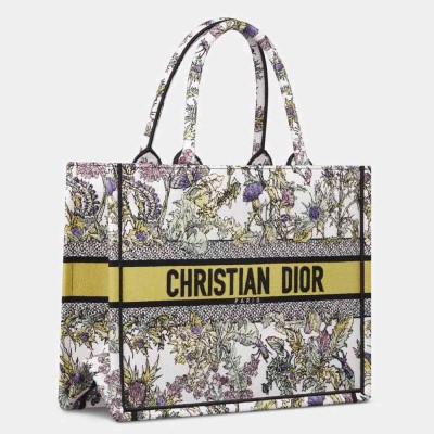 Dior Medium Book Tote Bag in Embroidery with Yellow Dior Chardons Motif