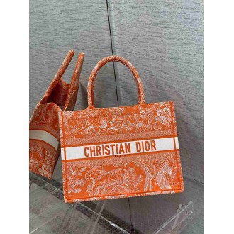 Dior Medium Book Tote Bag In Fluorescent Orange Toile de Jouy Reverse Embroidery
