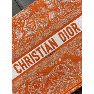 Dior Medium Book Tote Bag In Fluorescent Orange Toile de Jouy Reverse Embroidery