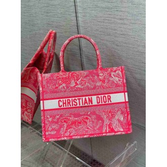 Dior Medium Book Tote Bag In Fluorescent Pink Toile de Jouy Reverse Embroidery
