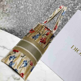 Dior Medium Book Tote Bag In Hibiscus Metallic Thread Embroidery