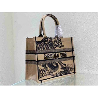 Dior Medium Book Tote Bag In Macro Toile de Jouy Tiger Embroidery