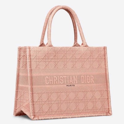 Dior Medium Book Tote Bag In Pink Cannage Embroidered Canvas