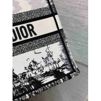 Dior Medium Book Tote Bag in White and Black Paris Embroidery