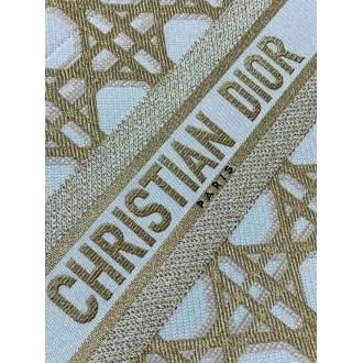 Dior Medium Book Tote Bag in White and Gold Macrocannage Embroidery