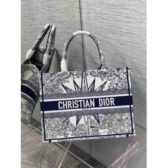 Dior Medium Book Tote Bag In White &amp; Blue Reve d'Infini Embroidery