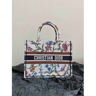 Dior Medium Book Tote Bag In White Dior Petites Fleurs Embroidery