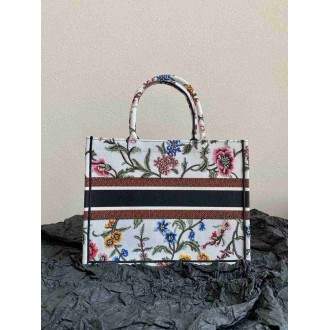 Dior Medium Book Tote Bag In White Dior Petites Fleurs Embroidery