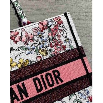 Dior Medium Book Tote Bag In White Multicolor Florilegio Embroidery