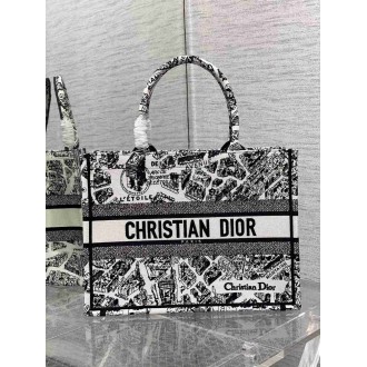 Dior Medium Book Tote Bag In White Plan de Paris Embroidery