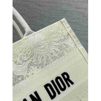 Dior Medium Book Tote Bag in White Toile de Jouy Soleil Macrame Embroidery