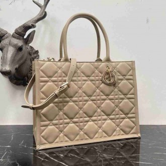 Dior Medium Book Tote Bag with Strap in Beige Macrocannage Calfskin