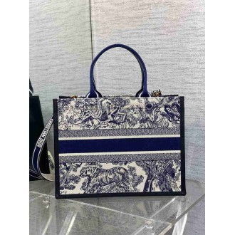 Dior Medium Book Tote Bag with Strap in Blue Toile de Jouy Sauvage Embroidery