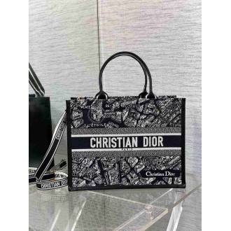Dior Medium Book Tote Bag with Strap in Plan de Paris Embroidery and Black Calfskin