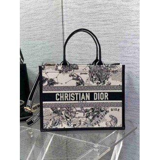 Dior Medium Book Tote Bag with Strap in White Dior Zodiac Embroidery