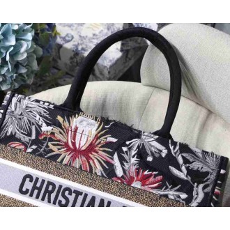 Dior Medium Book Tote In Black Camouflage With Multicolored Flowers
