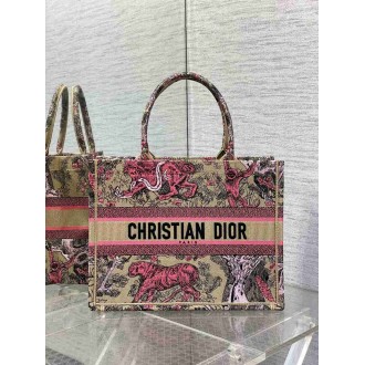 Dior Medium Dioriviera Book Tote in Raffia with Pink Toile de Jouy Sauvage Embroidery