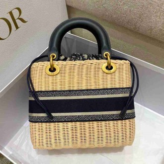 Dior Medium Lady Dior Bag In Wicker and Blue Oblique Jacquard