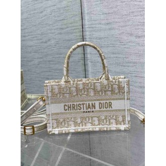 Dior Mini Book Tote with Strap in Gold-Tone Dior Oblique Embroidery