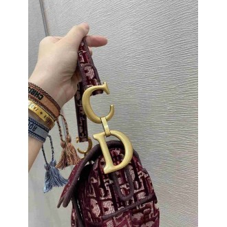 Dior Saddle Bag In Bordeaux Velvet Oblique Embroidered