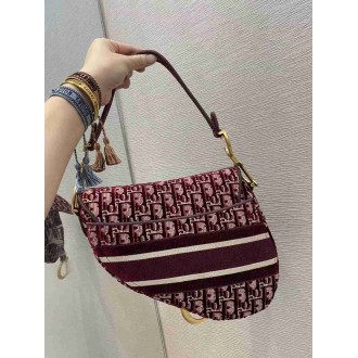Dior Saddle Bag In Bordeaux Velvet Oblique Embroidered
