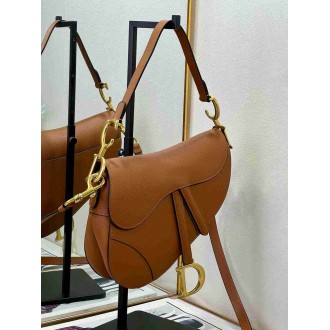 Dior Saddle Bag with Strap in Brown Grained Calfskin