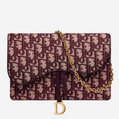 Dior Saddle Chain Pouch In Bordeaux Dior Oblique Jacquard