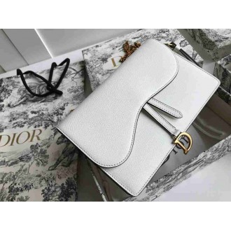 Dior Saddle Chain Pouch In White Grained Calfskin