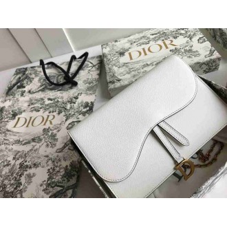 Dior Saddle Chain Pouch In White Grained Calfskin