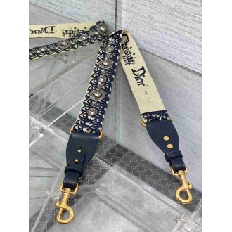 Dior Shoulder Strap with Ring in Blue Oblique Embroidery with Medallions