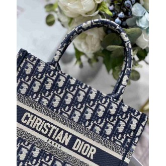 Dior Small Book Tote Bag In Blue Dior Oblique Embroidery