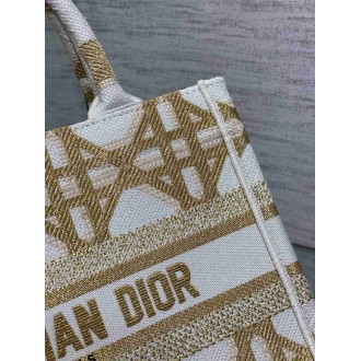 Dior Small Book Tote Bag in White and Gold Macrocannage Embroidery