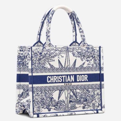 Dior Small Book Tote Bag In White &amp; Blue Reve d'Infini Embroidery