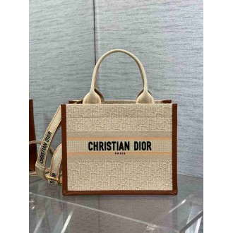 Dior Small Book Tote Bag with Strap in Beige Oblique Embroidered Raffia