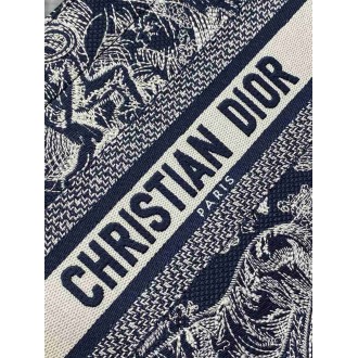 Dior Small Book Tote Bag with Strap in Toile de Jouy Reverse Embroidery and Blue Calfskin